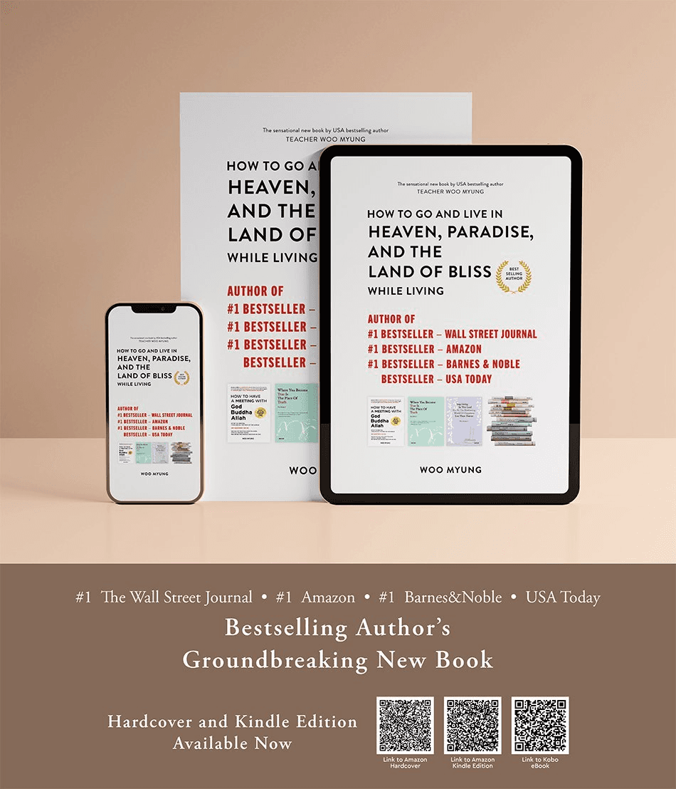 Books by Woo Myung shown on a tablet, phone and printed cover