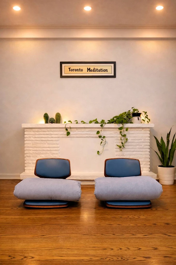 Calm meditation room with two floor chairs, plants and a Toronto Meditation sign